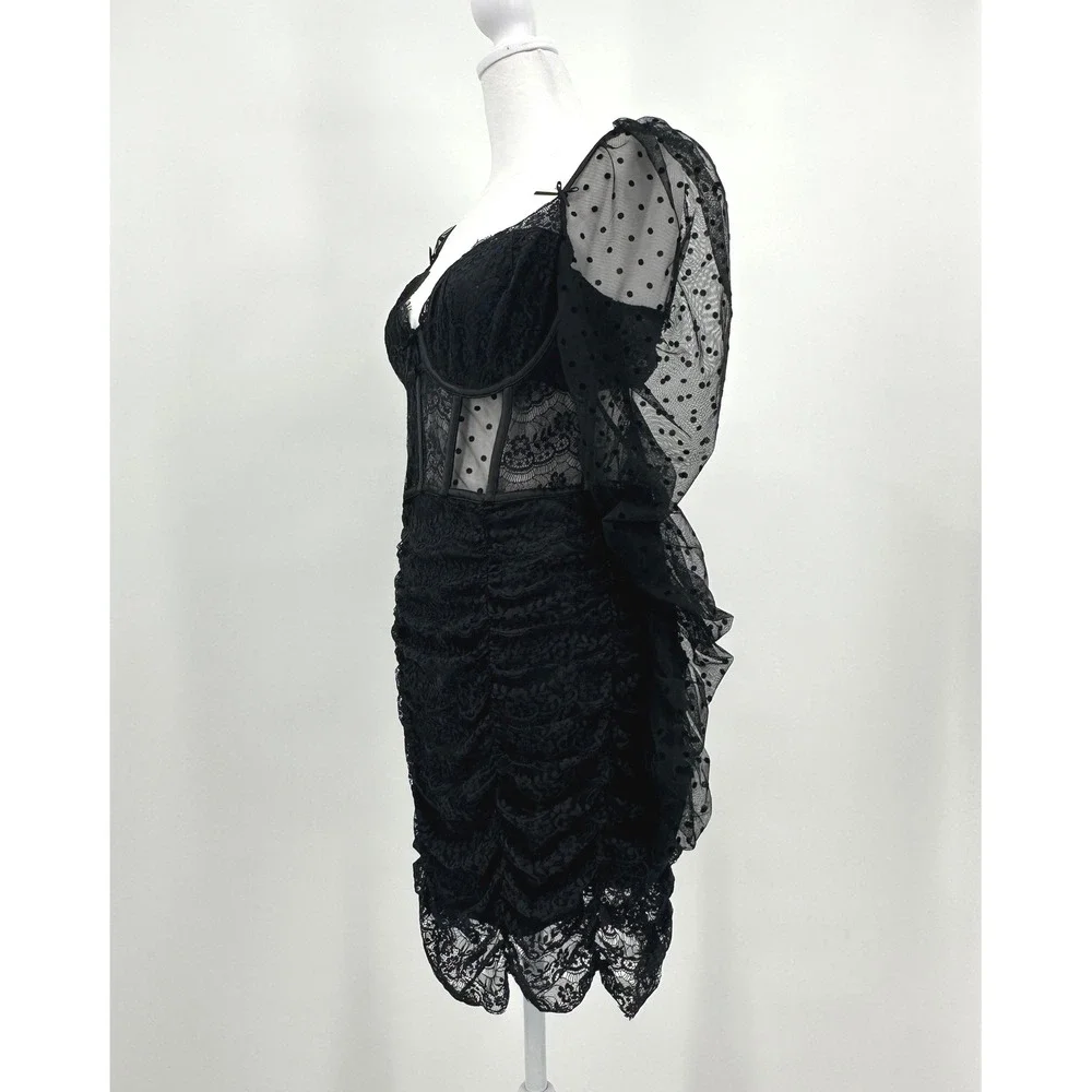 For Love & Lemons Black Lace Polka Dot Corset Sheer Ruched Mini Dress Womens L - Picture 4 of 11